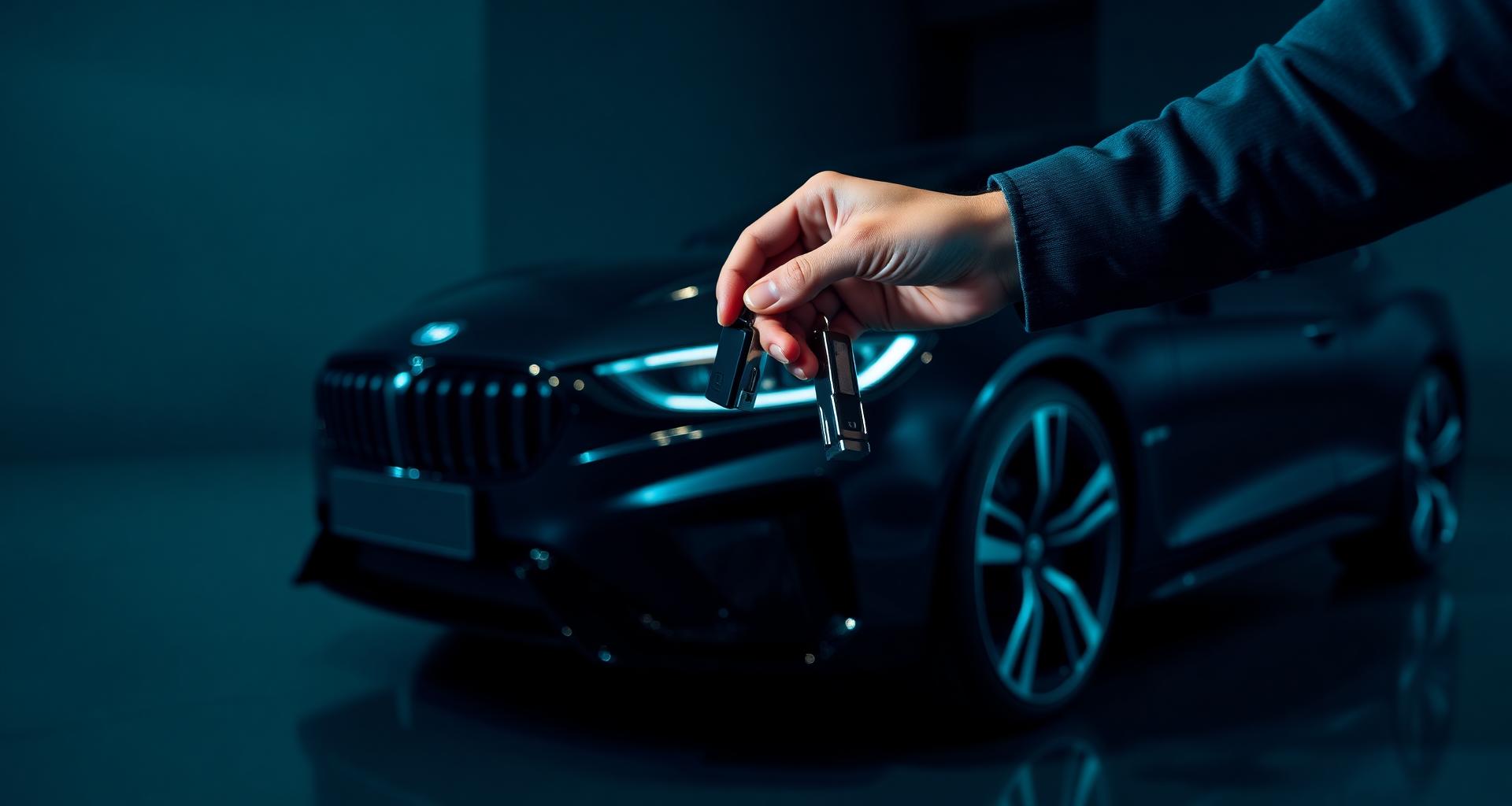 Schlüsselübergabe vor einem modernen Auto im Studio-Licht