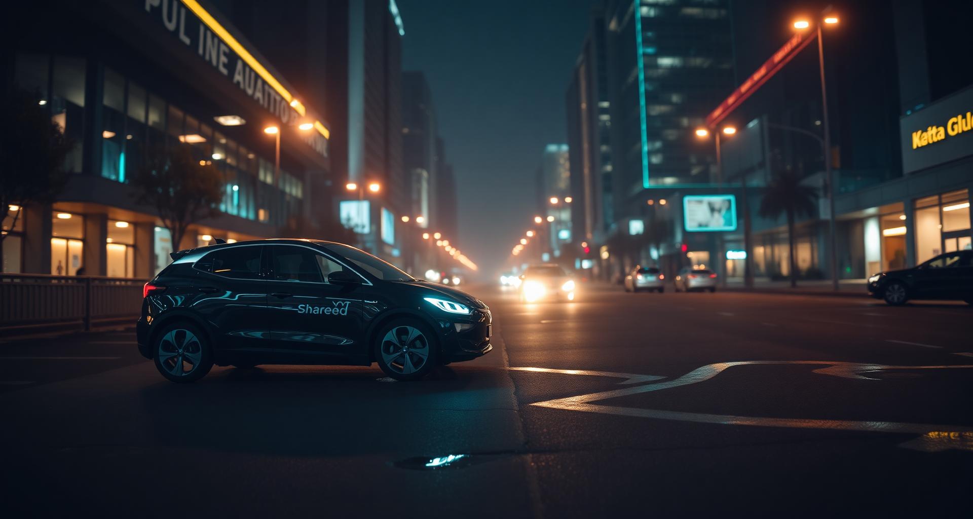 Modernes Car-Sharing-Fahrzeug auf einer beleuchteten Straße bei Nacht