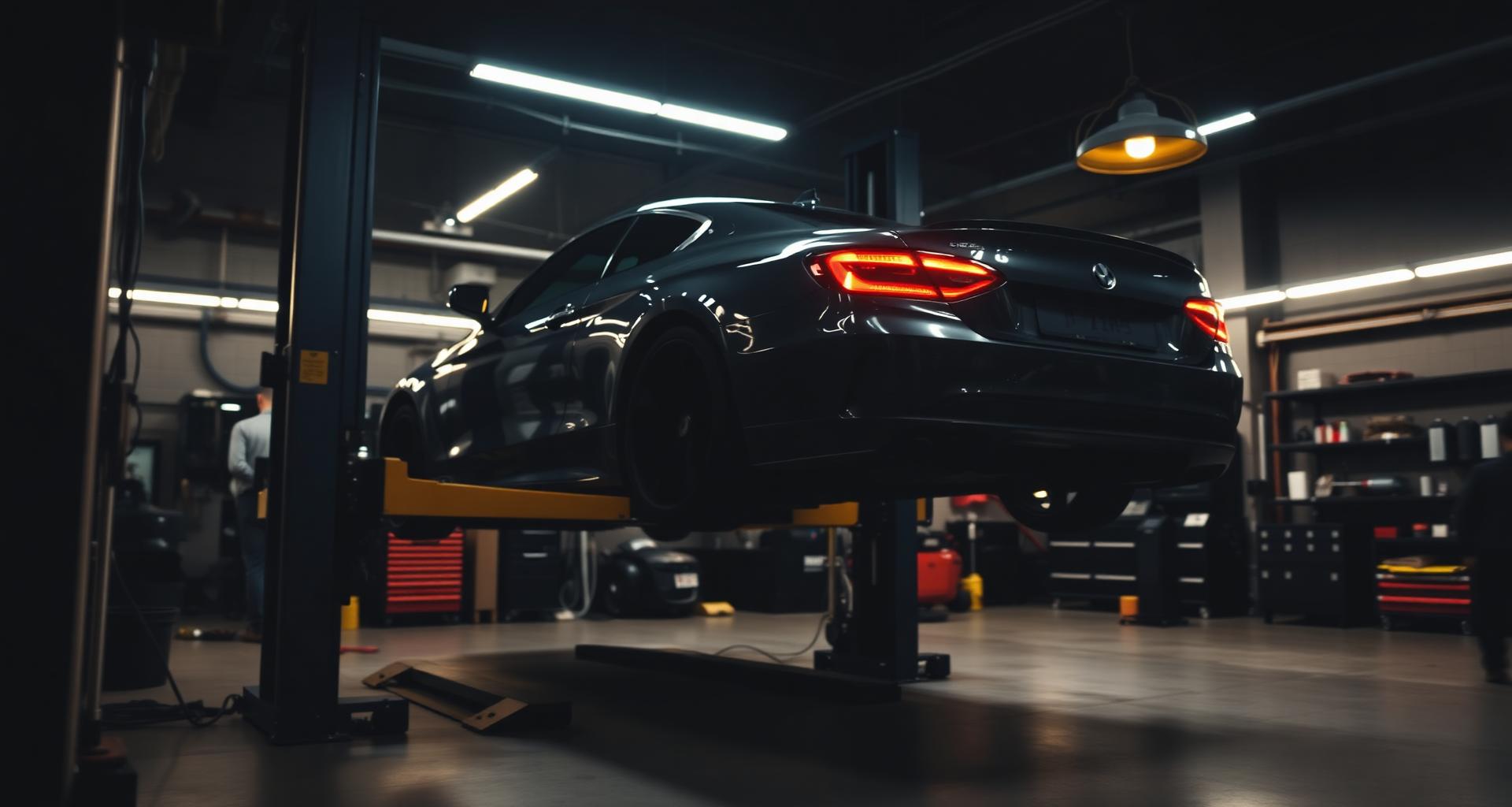Modernes Auto auf einer Hebebühne in einer KFZ-Werkstatt