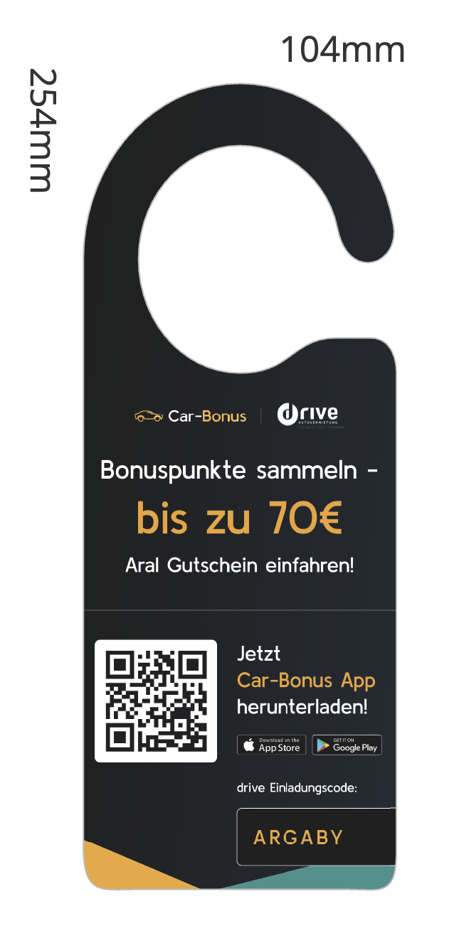 Car-Bonus Türhänger für drive Autovermietung mit QR-Code und Einladungscode
